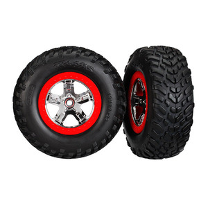 Traxxas 5887R: Tires & wheels, (chrome wheels, red beadlock style, dual profile (2.2" outer, 3.0" inner), SCT off-racing Tires (2)