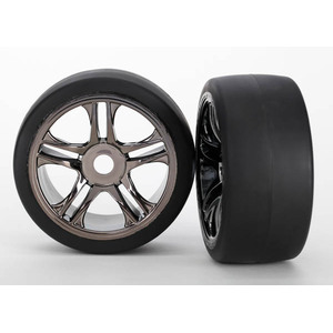 TRAXXAS 6477: Tires & wheels, assembled, glued (split-spoke, black chrome wheels, slick tires (S1 compound), foam inserts) (rear) (2)