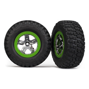 TRAXXAS 6876: Tires & wheels, Complete (SCT, chrome, green beadlock, BFGoodrich® Mud-Terrain™ T/A® KM2 tire, foam inserts) (2) (4WD f/r, 2WD r only)