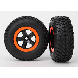 Traxxas 5864: Tire & wheel assy, glued (SCT black, orange beadlock wheels, SCT off-road racing tires, foam inserts) (2) (2WD front)