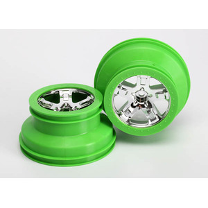 Traxxas 5866: Wheels, SCT, chrome, green beadlock style, dual profile (2.2" outer, 3.0" inner) (2) (2WD front only)