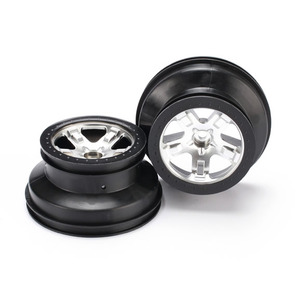 TRAXXAS 5874X: Wheels, SCT satin chrome, black beadlock style, dual profile (2.2” outer, 3.0” inner) (2WD front) (2)