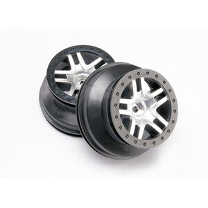 TRAXXAS 5876: Wheels, SCT Split-Spoke, satin chrome, black beadlock style, dual profile (2.2" outer, 3.0" inner) (2WD front) (2)