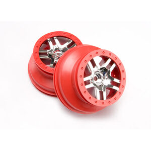 TRAXXAS 5876A: Wheels, SCT Split-Spoke, chrome, red beadlock style, dual profile (2.2" outer, 3.0" inner) (2WD front) (2)