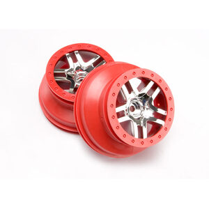 TRAXXAS 5876A: Wheels, SCT Split-Spoke, chrome, red beadlock style, dual profile (2.2" outer, 3.0" inner) (2WD front) (2)