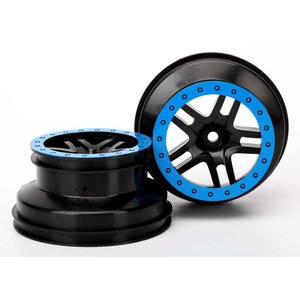 TRAXXAS 5884A: Wheels, SCT Split-Spoke, black, blue beadlock style, dual profile (2.2" outer, 3.0" inner) (4WD f/r, 2WD rear) (2)