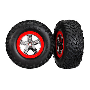 TRAXXAS 5887 Tires & wheels, assembled, glued (SCT chrome wheels, red beadlock