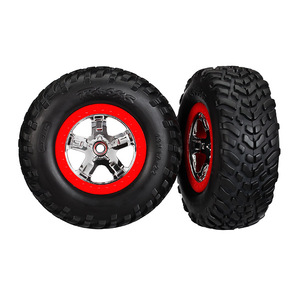 TRAXXAS 5888: Tires & wheels, assembled, glued (SCT chrome wheels, red beadlock style, dual profile (2.2" outer, 3.0" inner), SCT off-road racing tire
