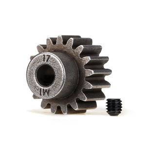 TRAXXAS 6490X: Gear, 17-T pinion (1.0 metric pitch) (fits 5mm shaft)/ set screw (for use only with steel spur gears)