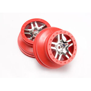 TRAXXAS 6872A: Wheels, SCT Split-Spoke, chrome, red beadlock style, dual profile (2.2" outer, 3.0" inner) (4WD front/rear, 2WD rear) (2)