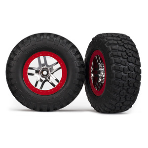 TRAXXAS 6873R Tires & wheels, assembled, glued (S1 ultra-soft, off-road racing compound) (SCT Split-Spoke chrome, red beadlock