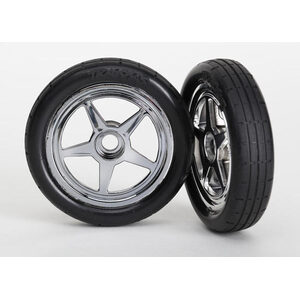 TRAXXAS 6975: Tires & wheels, assembled, glued (5-spoke chrome wheels, tires, foam inserts) (front) (2)