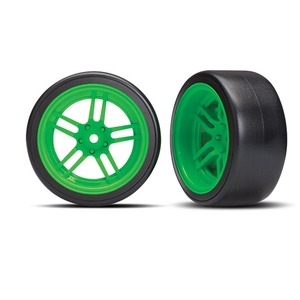 TRAXXAS 8377G: Tires and wheels, assembled, glued (split-spoke green wheels, 1.9" Drift tires) (rear)