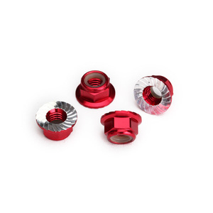TRAXXAS 8447R Nuts, 5mm flanged nylon locking (aluminum, red-anodized, serrated) (4)