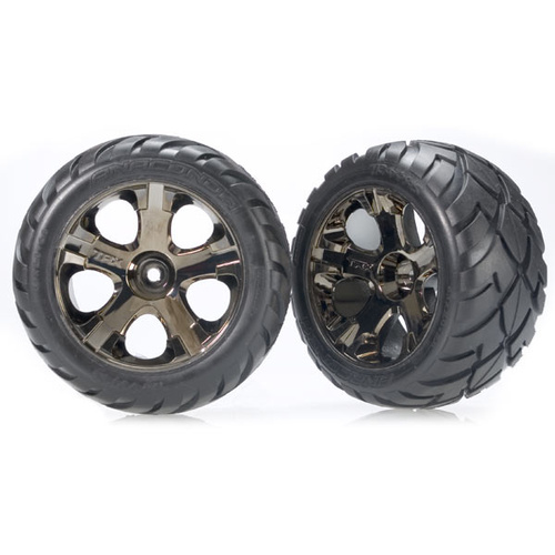 Rear 2 Rustler VXL Traxxas 3773 Mirror-Chrome All-Star Wheels/Anaconda Tires